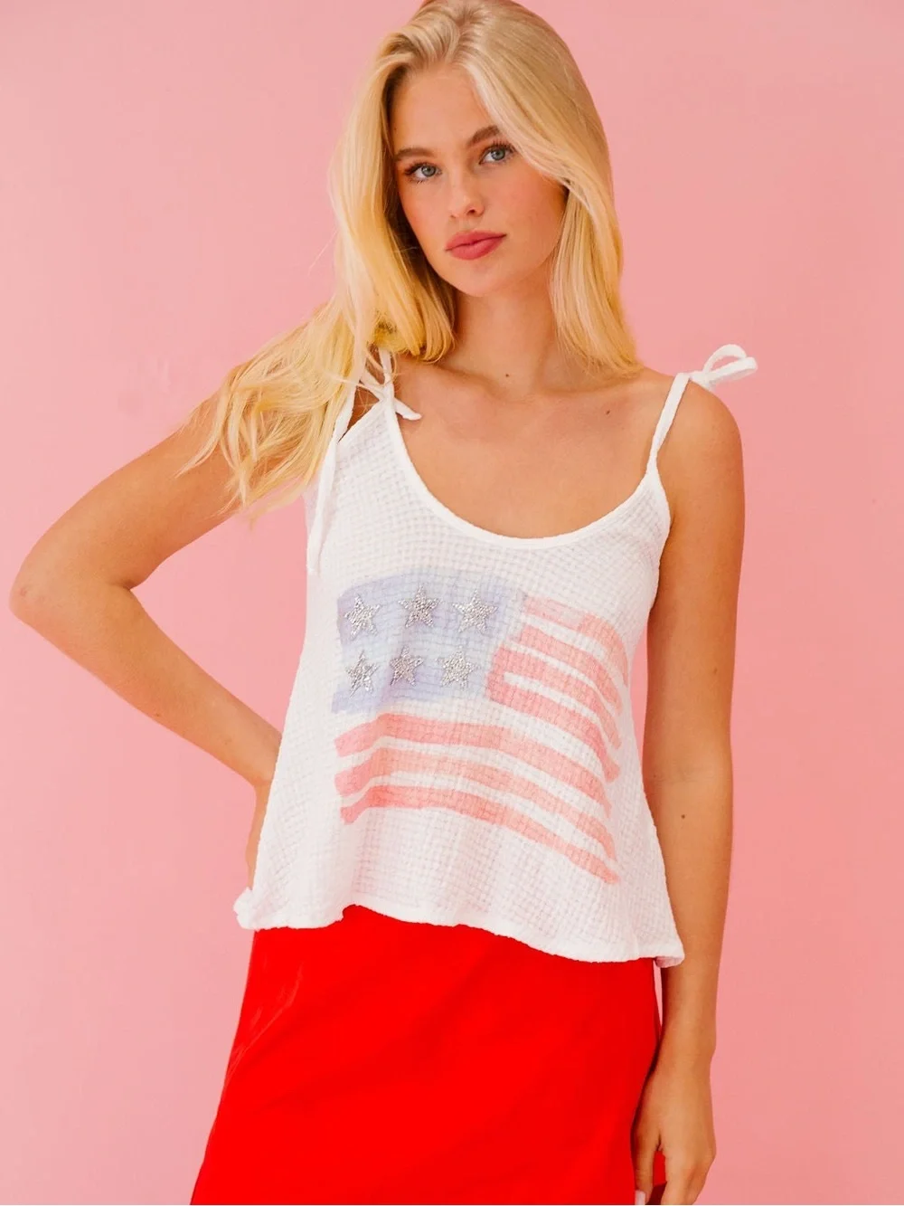 Judith March White Waffle Tie-Strap Tank with Red & Blue Flag Print